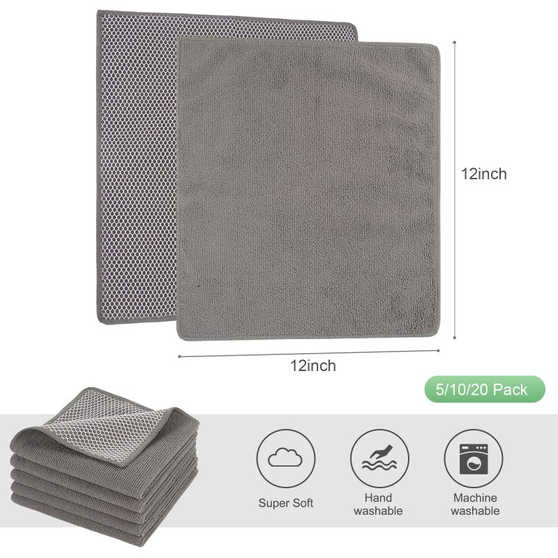SINLAND Absorbent Microfiber Dish Cloths for Washing Dishes Best Kitchen Washcloth Cleaning Cloths with Poly Scour Side 12Inchx12 Inch 5 Pack, Grey - Image 2